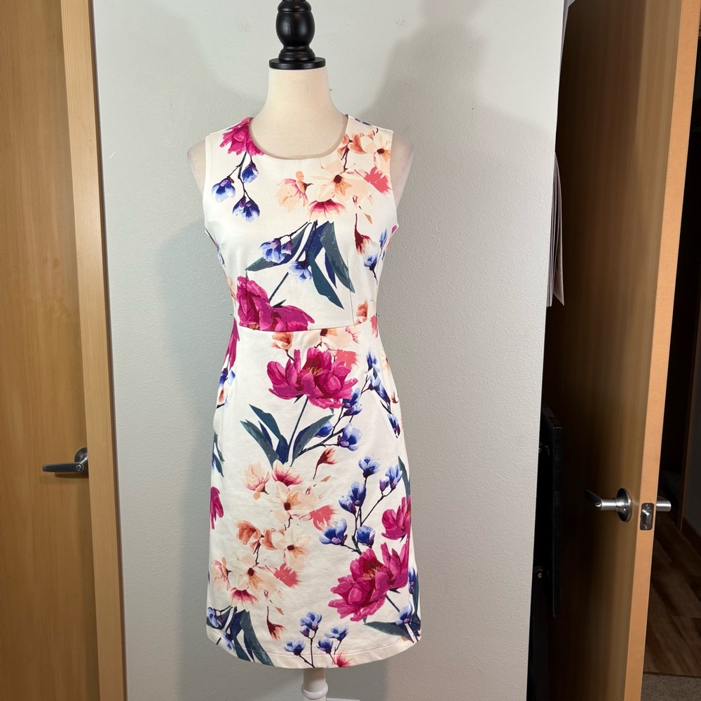 Lands End Ponte Sheath Dress, IVORY Marin Botanical, sz 2